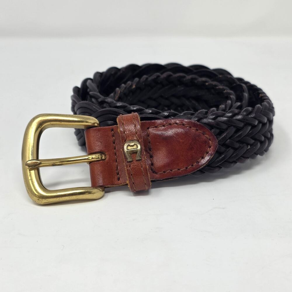 VTG Etienne Aigner Brown Woven Leather Belt Womens Medium Brass Buckle Logo